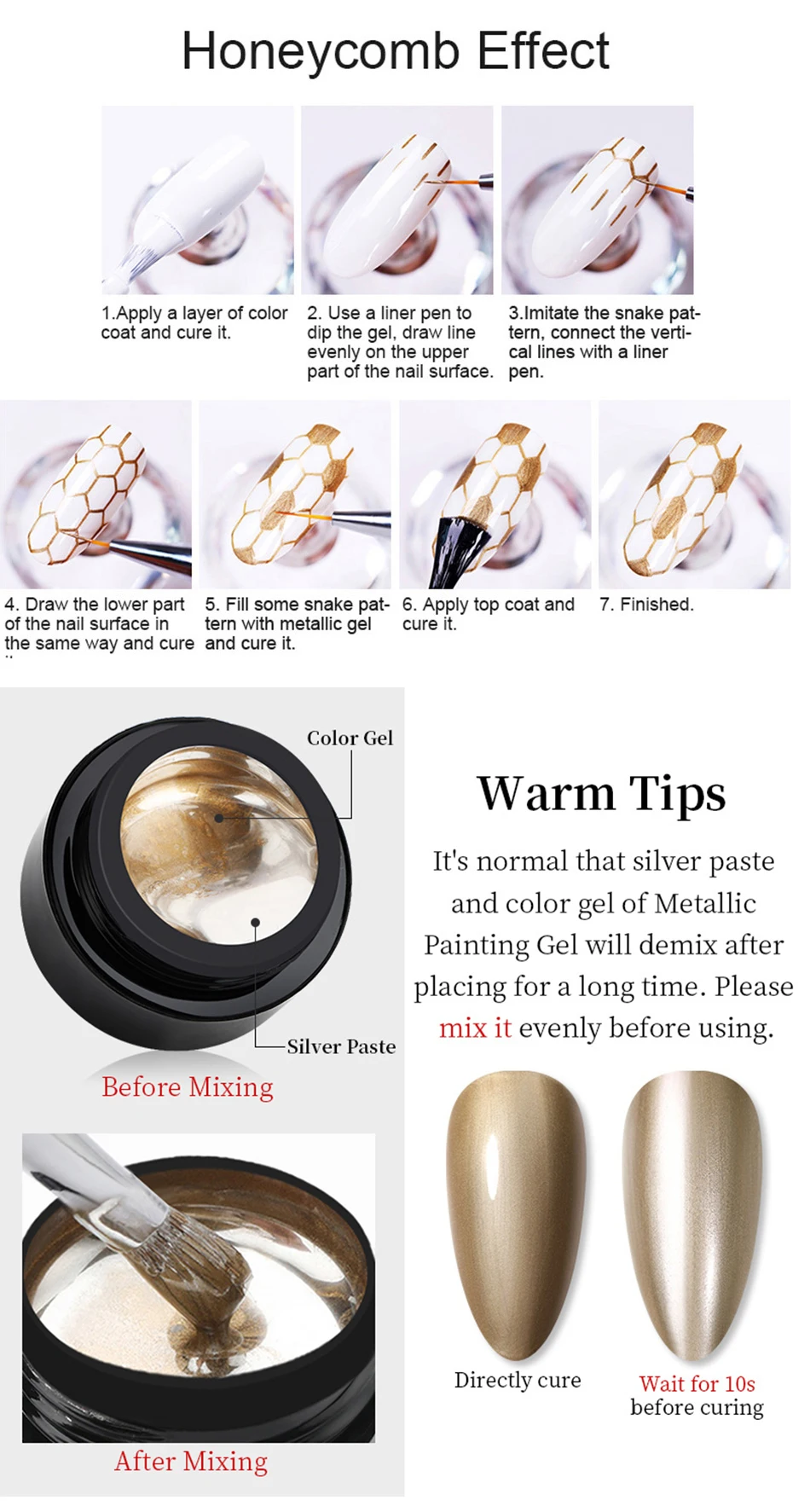 BORN PRETTY 5ML Gold Metallic Gel Polish Silber Spiegeleffekt Französisches Design Linien- und Blumenzeichnungsgel UV Soak-Off Lack Maniküre – Detail 6