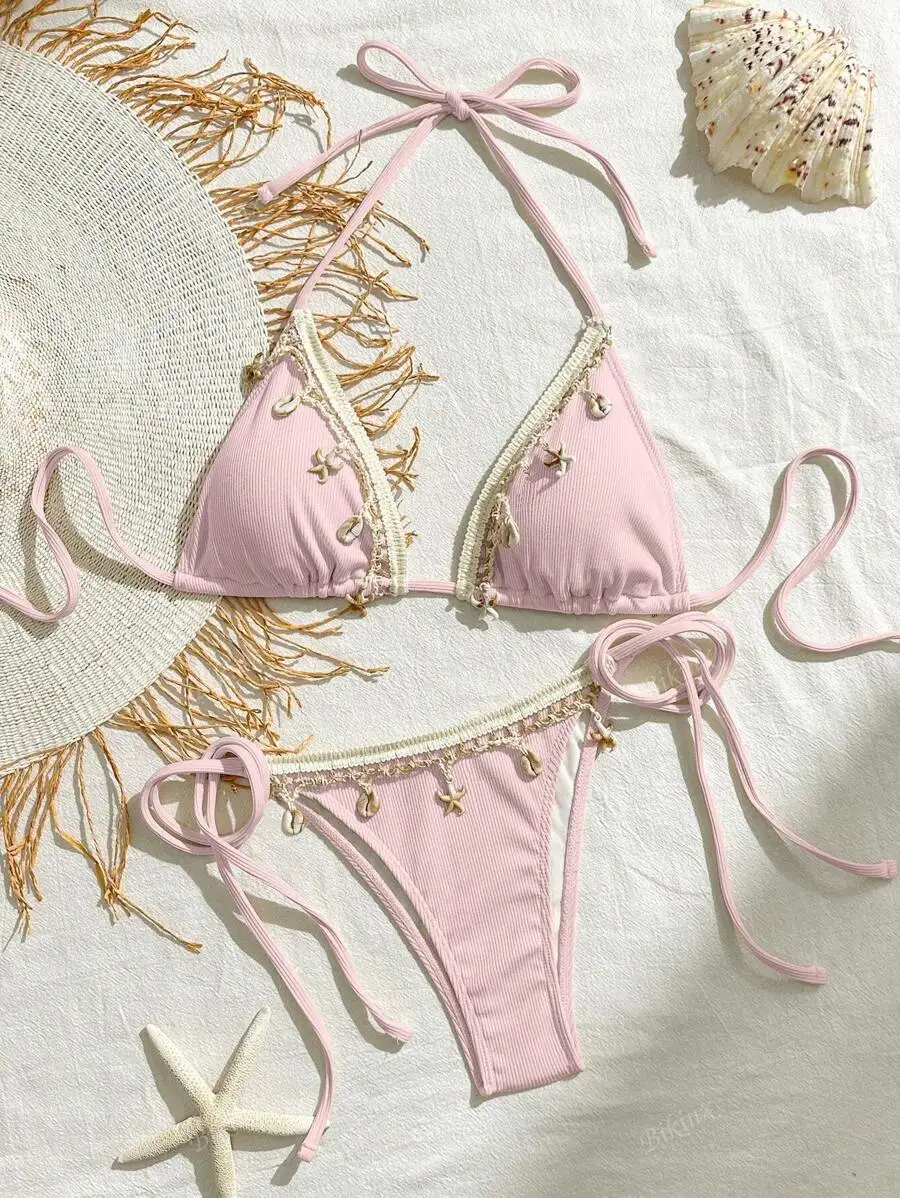 

Bikinx Women Solid Color Stitching Ribbon Shell Decoration Triangle Cup Lace-Up Bikini Set For Beach Vocation Summer