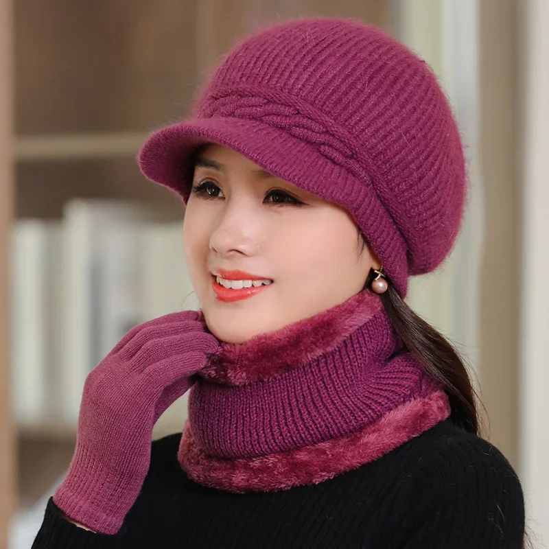 Middle-aged and elderly women's autumn and winter rabbit fur knitted mother hat scarf set