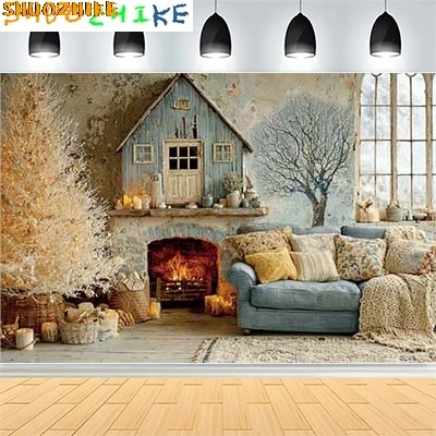 

Christmas Day New Year Party Photography Backdrops Prop Window Living Room Interior Xmas Tree Snow Theme Photo Background FN-71