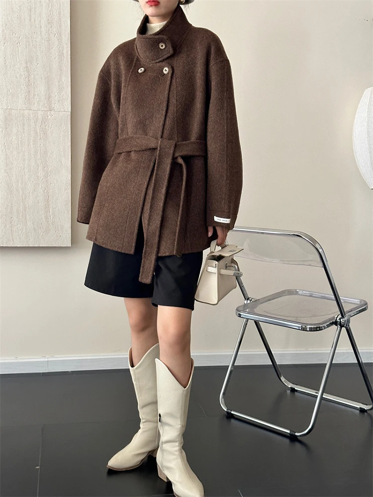LANMREM Office Lady Double Sided Woolen Short Coat Women\'s Stand Collar Solid Color Luxury Coats 2024 Autumn Winter New 2Z2325