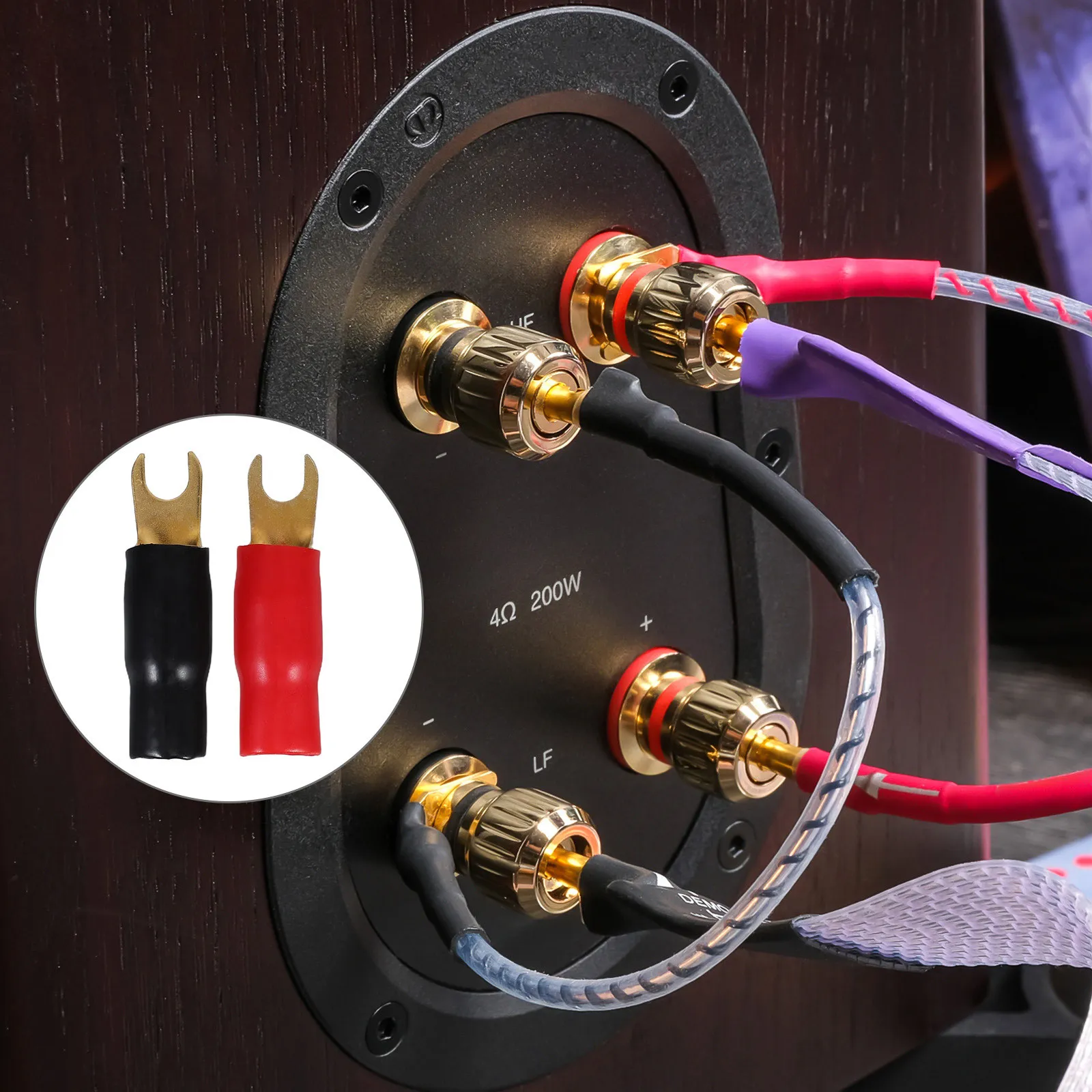 3Pairs Plated 0 Gauge Crimp Terminals Fork Connectors for Speaker Cable Audio Setup Red Black