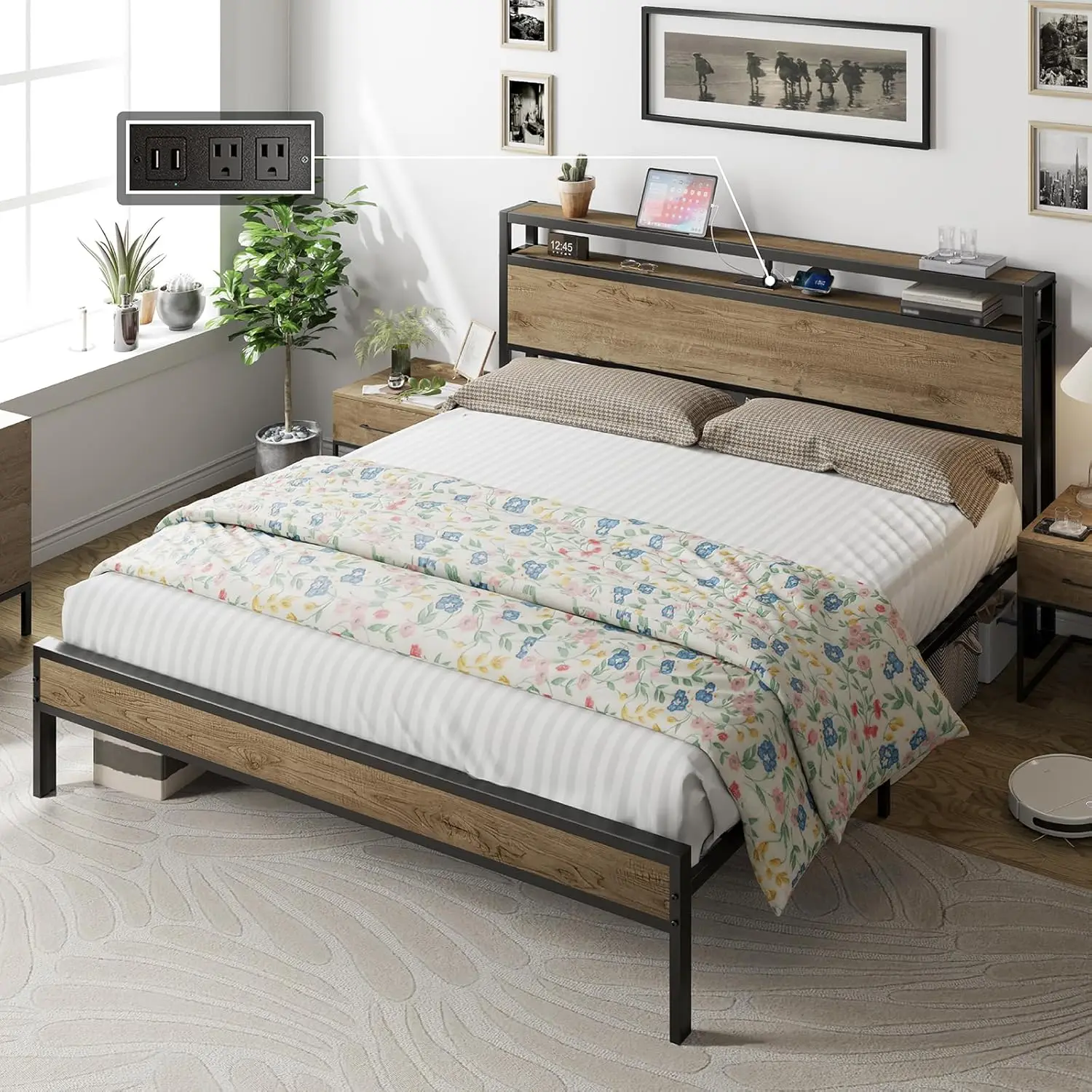 Extra large bed frame, industrial platform bed with 2-layer storage headboard/no need for springs/no noise/rural brown color