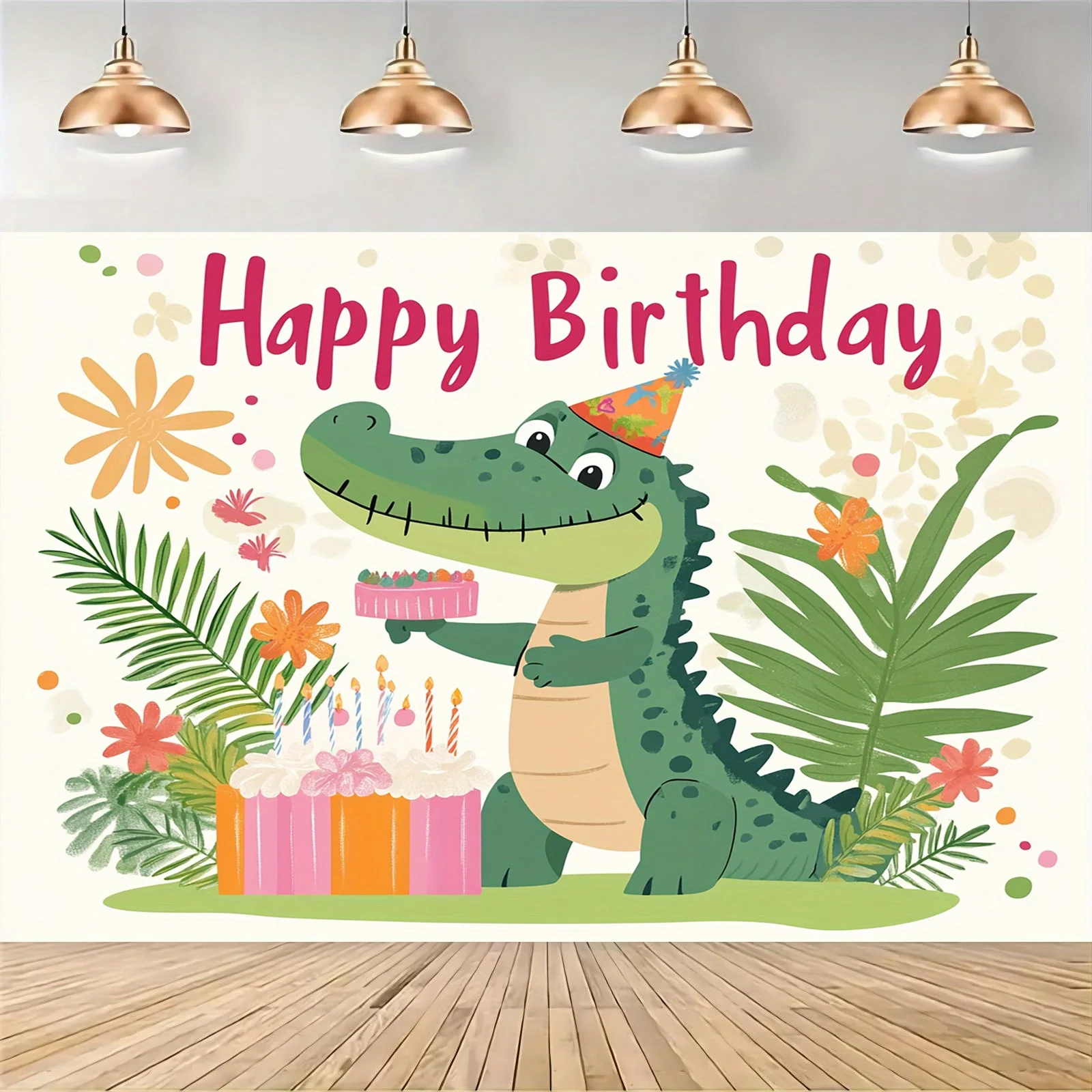 Ein Cartoon-Krokodil-Geburtstags-Hintergrundstoff, Party-Banner aus Polyester, Hochzeit, Geburtstag, Jubiläum