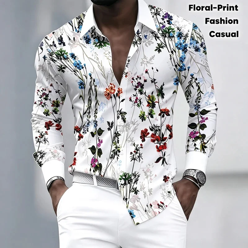 Watercolor Wildflower and Leaf Print Men's Long-Sleeve Shirt, Stretch, Slim Fit, Mature Style, Business Casual Collared Shirt