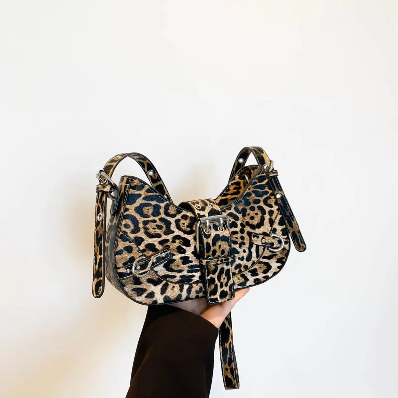 Fashion Leopard Print Bag 2024 New Pattern Advanced Feeling Locomotive Wind PU Versatile Single Shoulder Diagonal Cross Bag