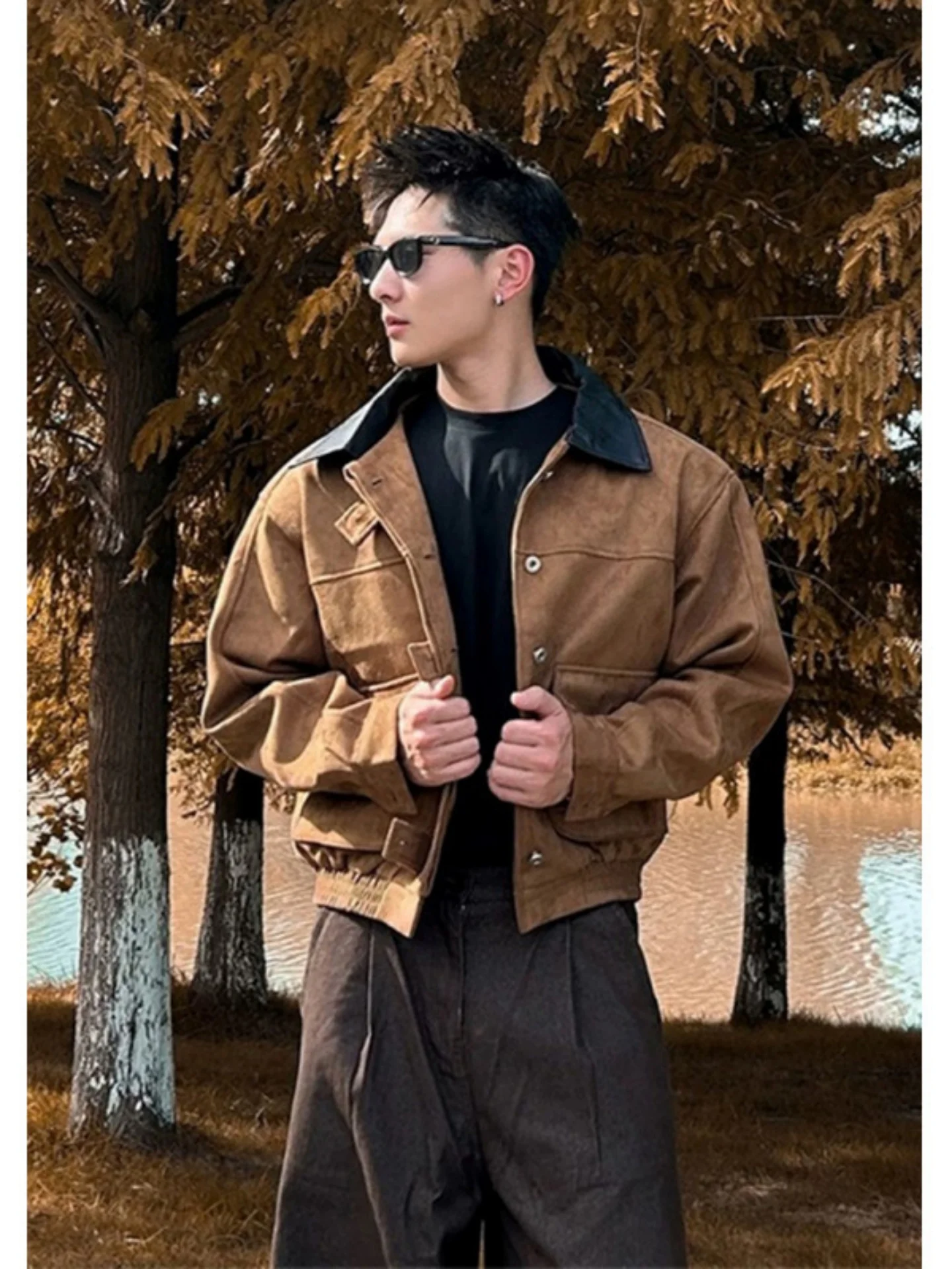 

Мужская короткая замшевая куртка Barn Sle коричневого цвета с воротником-харрингтоном, модная весенняя повседневная модель свободного кроя с пуговицами, ветрозащитная.