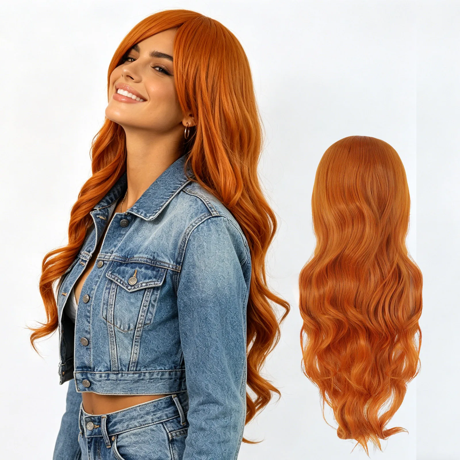 

Women's Wig, Women's Orange Synthetic Wig, Long Wavy Wig with Bangs, Ginger Synthetic Hair Wig for Cosplay, Halloween