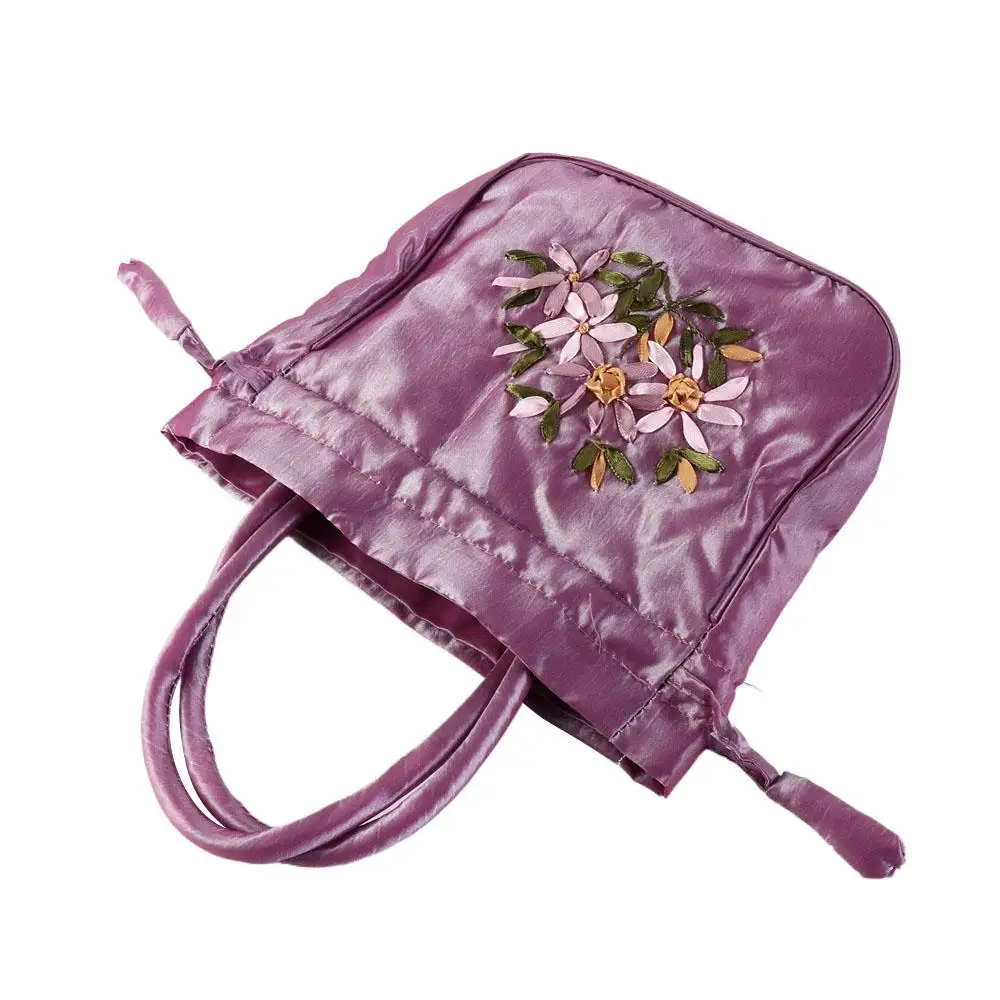 Satin Silk Hanfu Drawstrings Bag Ethnic Style Leaf Embroidery Flower Handbag Lunch Bag Shopping Bag Small Purse Wallet Daily
