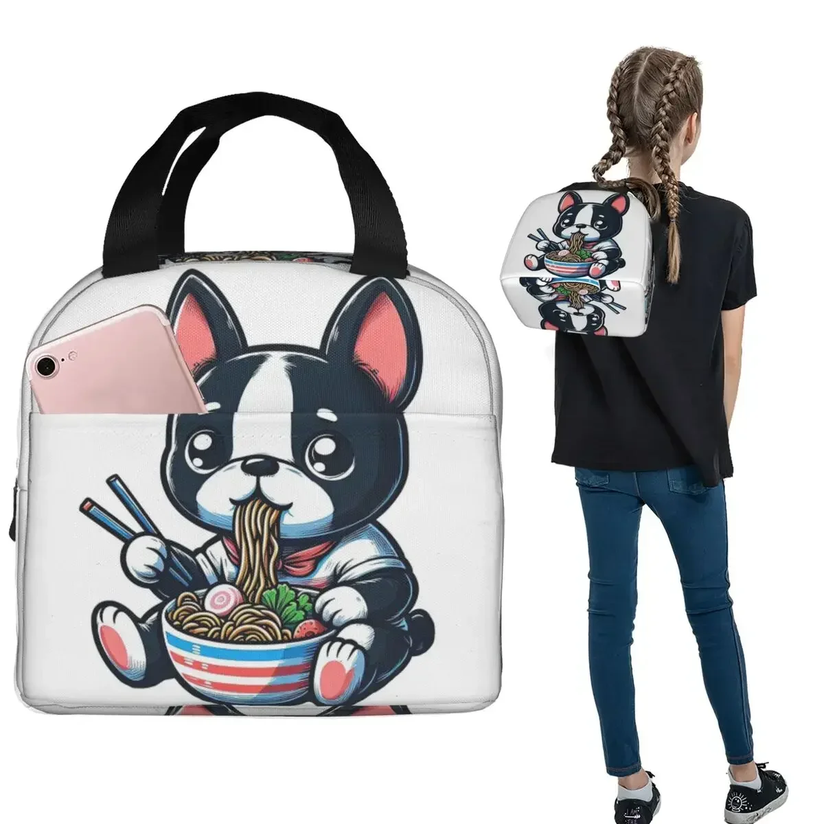 Boston Bull Terrier Dog Eating Ramen Noodles Insulated Lunch Bag for Women Children Portable Food Boxes Thermal Lunch Box Tote