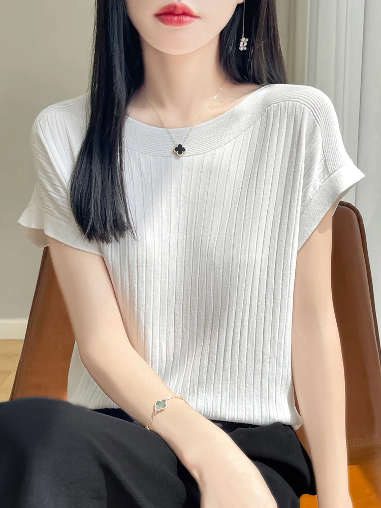 2025 Summer New Ice Silk Short Sleeve Women's T-shirt Loose Short Thin High-grade Lyocell Knitted Top Small Shirt