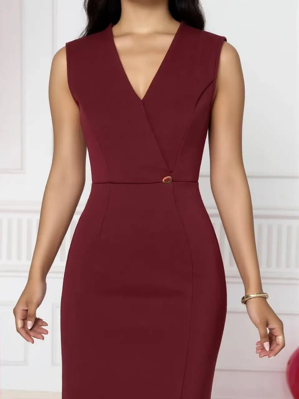 

Платье миди для женщин, весна-лето, бордовое, с V-образным вырезом, без рукавов, облегающее, элегантное, для вечеринок, офиса, коктейльное платье