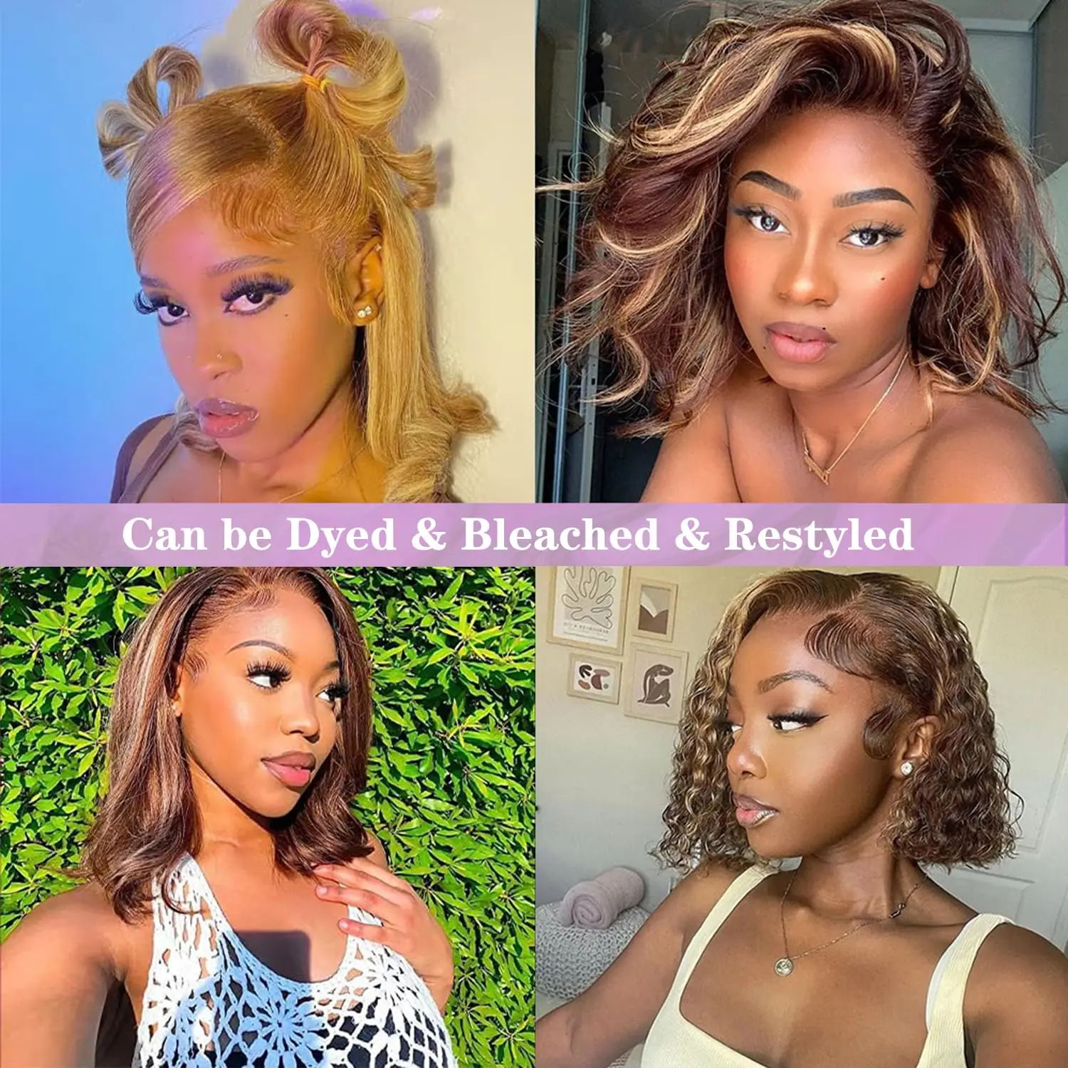 密度200 ハイライト 4/27 ショートボブ人毛ウィッグ 14インチ ハニーブロンド カラーレースウィッグ 13x4 透明レース人毛ウィッグ