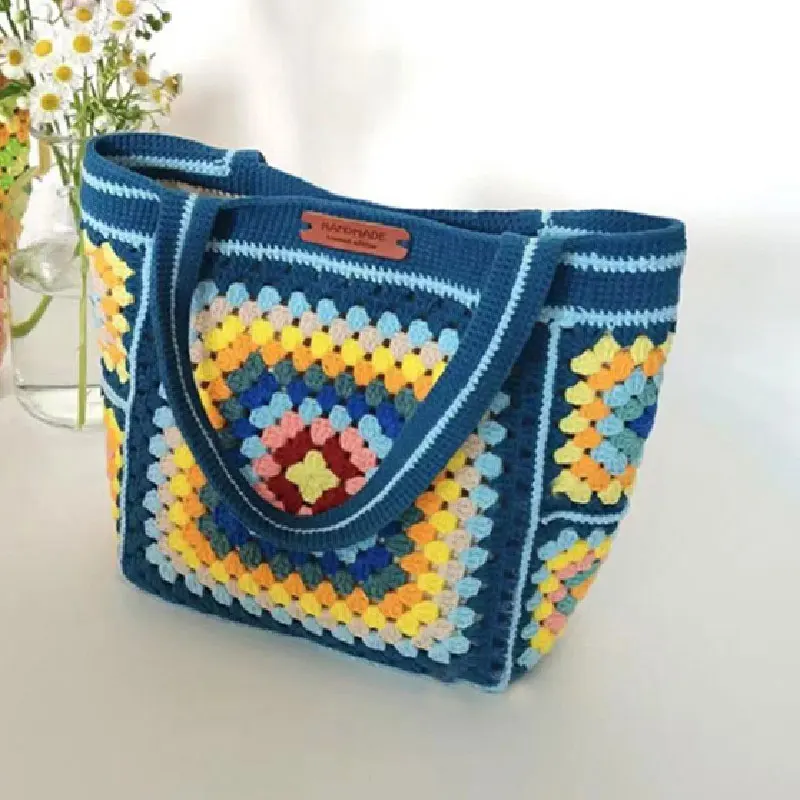 Handwoven grandmother plaid handbag shoulder bag women\'s storage bag shopping bag simple and fashionable