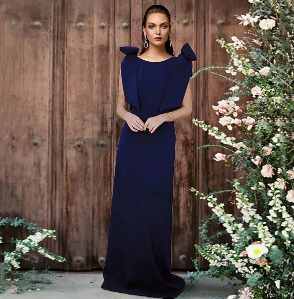 Vestido de noche Formal Simple azul marino para madre de la novia, con cuello redondo, Espalda descubierta, con lazo de sirena, para invitados de