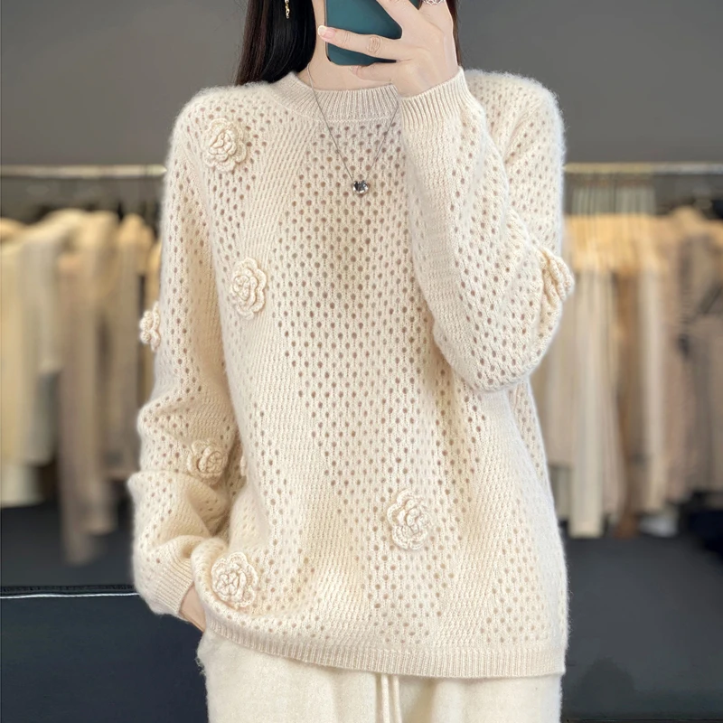 

Crochet Fabric Fashion Women's Clothes 100% Merino Wool O-neck Pullover Enough Flowers Hollow Korean Loose Sweater Knit Top