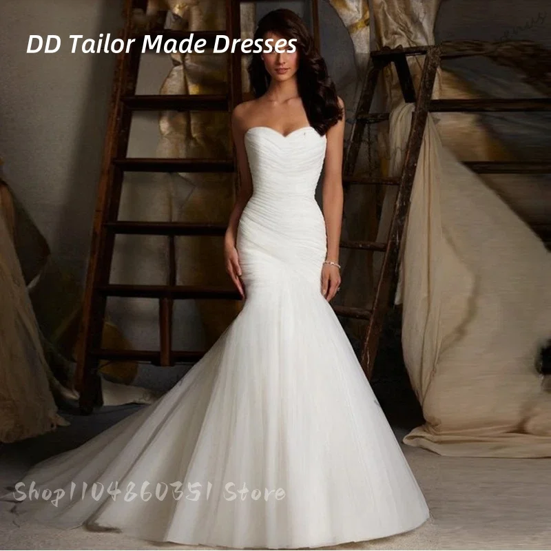 

Elegant Pleats Mermaid Wedding Dress Sleeveless Lace-up Strapless Long Bridal Gowns Ivory Vestidos De Novia Customized