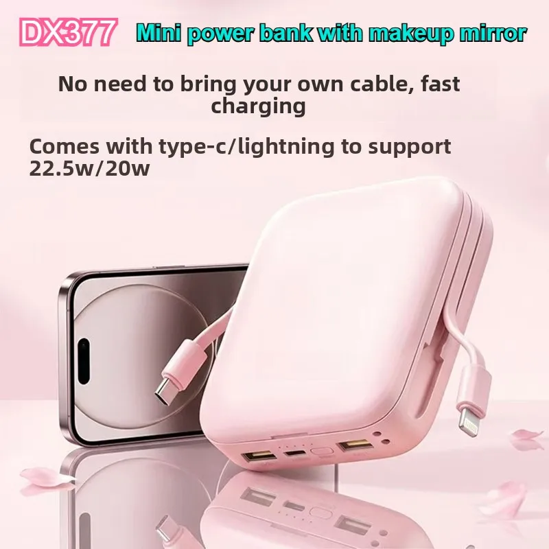 

Portable power bank with mirror 10000mAh, Type-C data cable, suitable for iPhone, Samsung and Android phones for women to go out