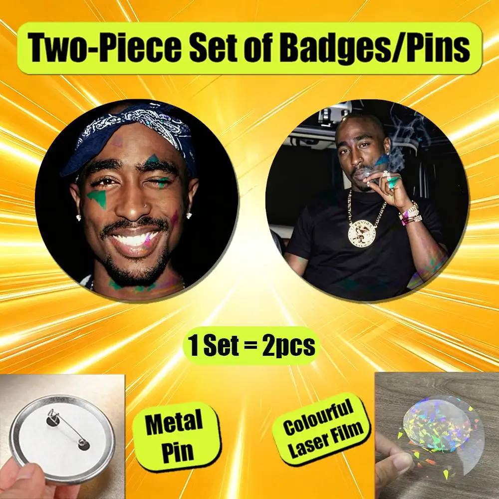 For Tupac Shakur Enamel Pin Badge Set 2PCS Round Metal Button Brooch Gift Custom Hat Ita Bag Pins