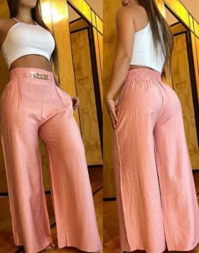 Women\'s Wide Leg Trousers Casual Women High Waist Pants Chain Decor Europe & America Fashion Plain Pocket Design Daily Vacation