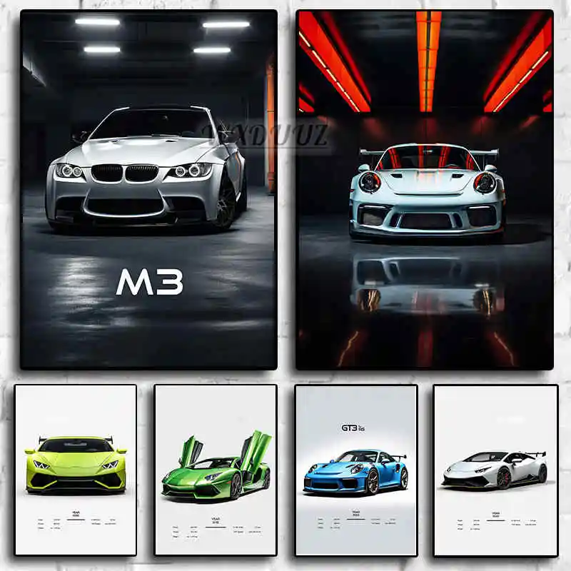 Black and White Super Luxury Sports Car poster Set For Wall Art Cars Model Details M3 E36 GT3 Canvas Painting Garage Room Decor