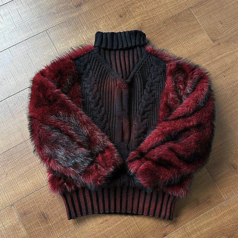 Red Black Thick Knit Turtleneck Pullover for Men