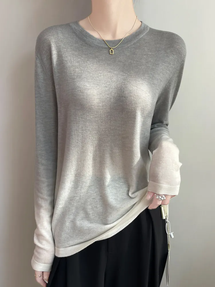 Spring Autumn round Neck Knitted Sweater Women Loose Inner Wear Long Sleeve Thin Gradient Slimming Versatile Soft Comfortable