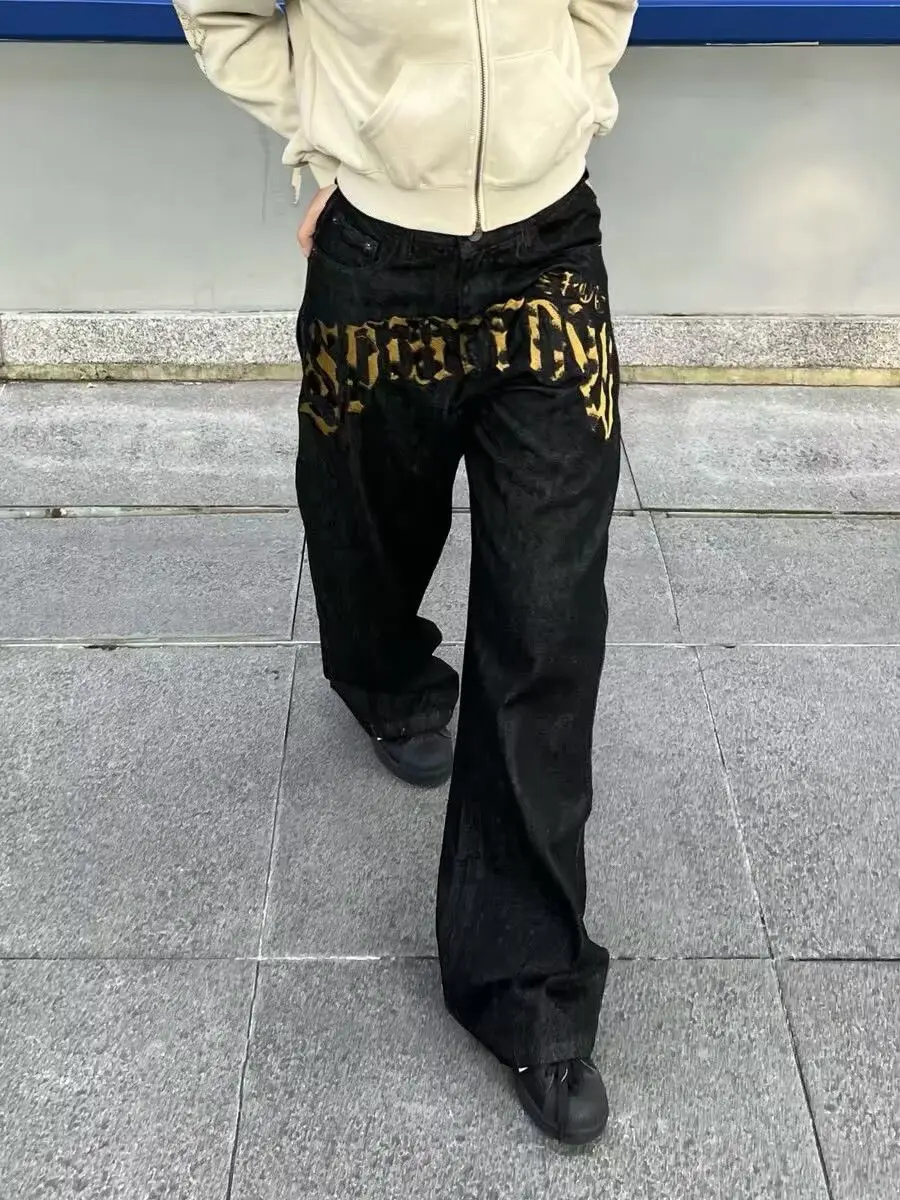 Men's Leopard Print Letter Design Black Jeans Wide-leg Denim Trousers Boys Bottom High Waist Sweatpants Male Casual Pants