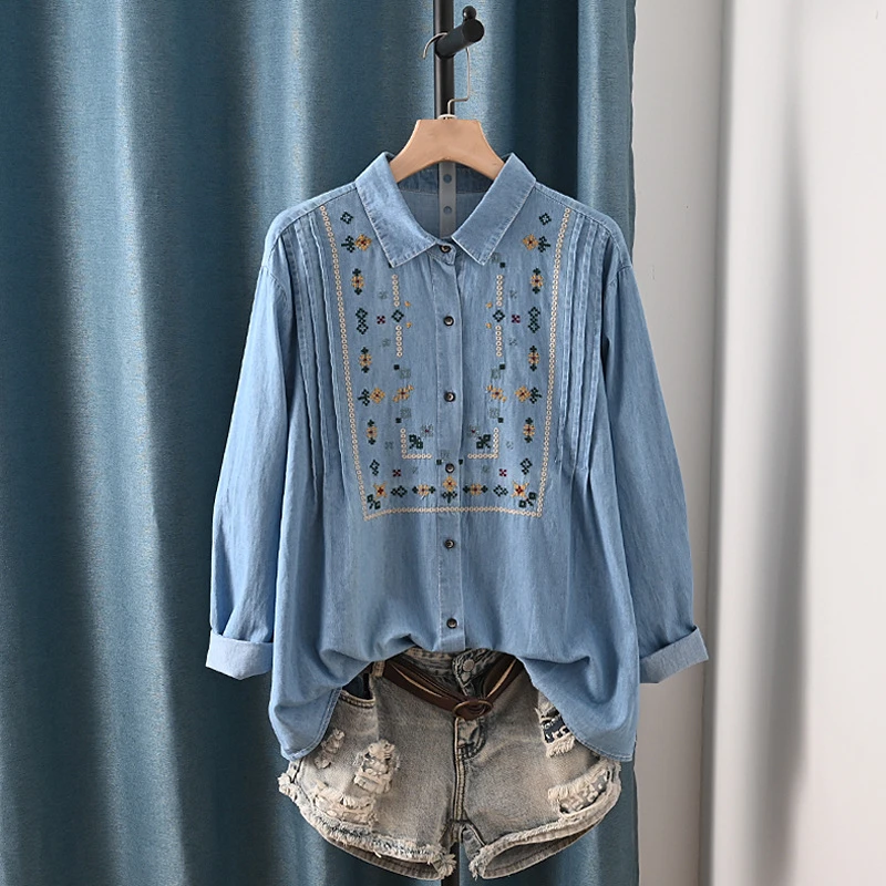 Harajuku fashion denim spring blouses vintage long sleeve women\'s embroidered shirts pretty blouses woman jean shirts