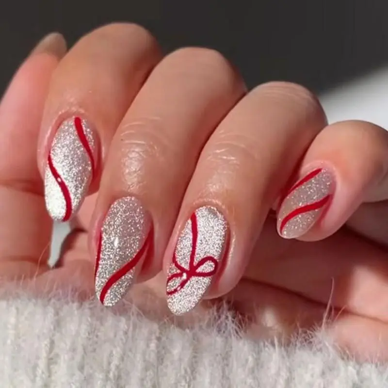 

24PCS Red Velvet Bow Press on Nails Light Luxury Cat Eye with Almond Shape False Nails Detachable High End Sweet Gentle Manicure