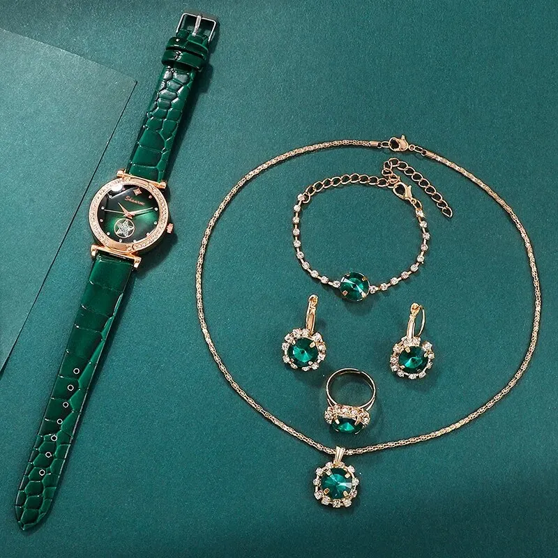 Montre à Quartz de Luxe Verte pour Femme, Ensemble de 6 Pièces, Bague, Collier, Boucle d'Oreille, Strass, à la Mode, Décontractée, Bracelet