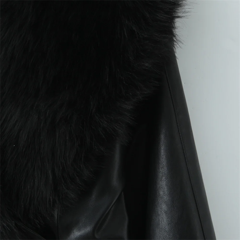 Outono e inverno novas roupas femininas moda temperamento grande gola de pele cintura cinched manga comprida jaqueta de couro