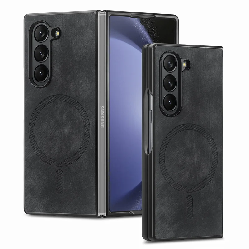 

Retro Magnetic Phone Case for For Samsung Galaxy Z Fold 6 Fold6 5G Hard Plastic Shell Shockproof PU Leather Back Cover