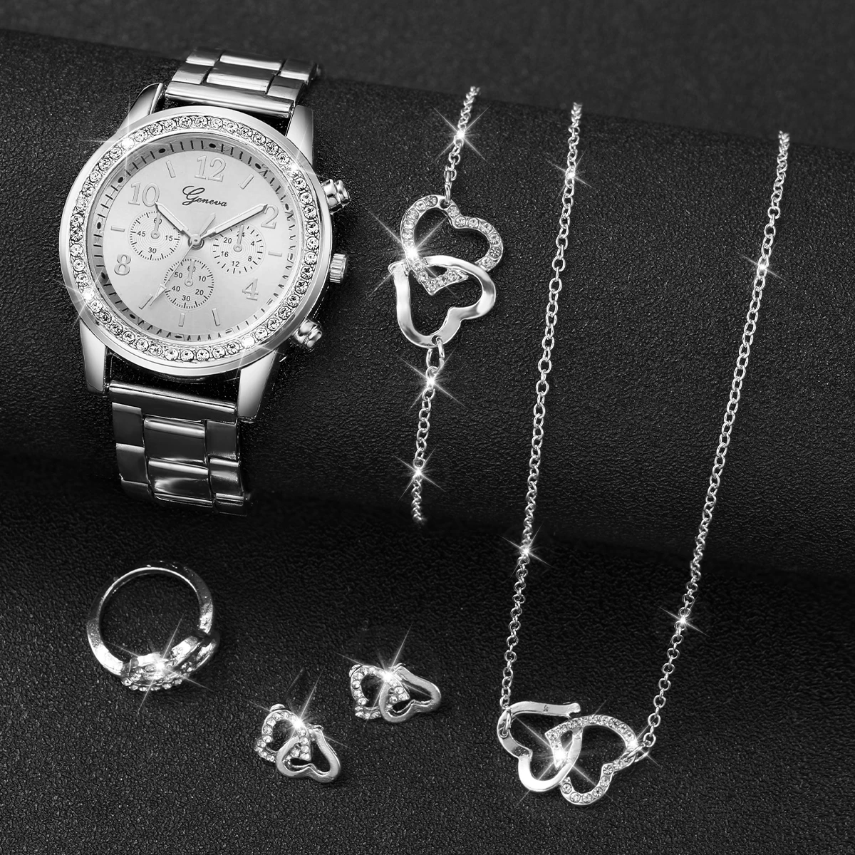 Fashion Women Stainless Steel Silver Color Quartz Watch & Heart-shaped Jewelry Set