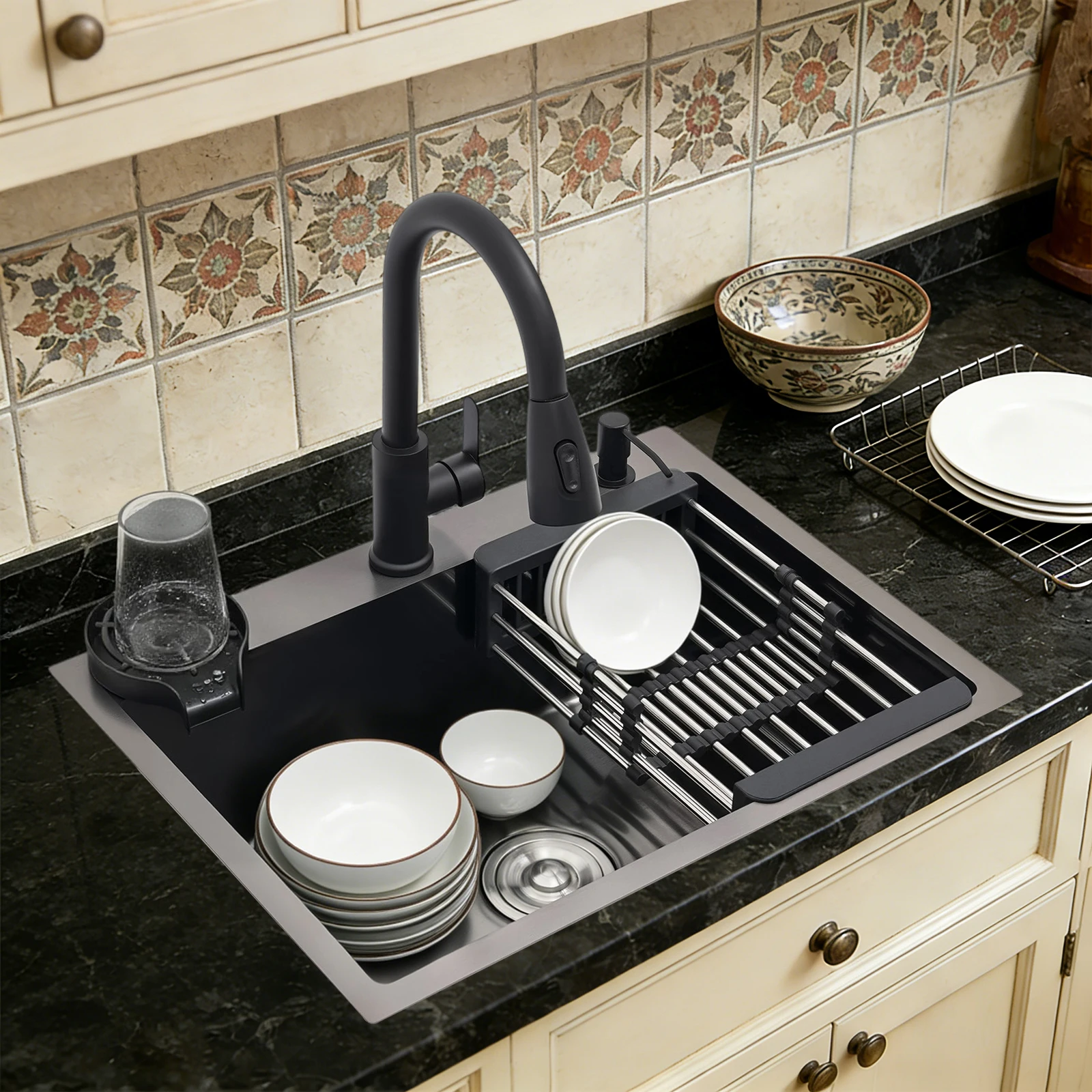 Fregadero de acero inoxidable 60x45 para lavandería y cocina con grifo extraíble, dispensador de jabón, cesta de drenaje, antirrobo y silencioso