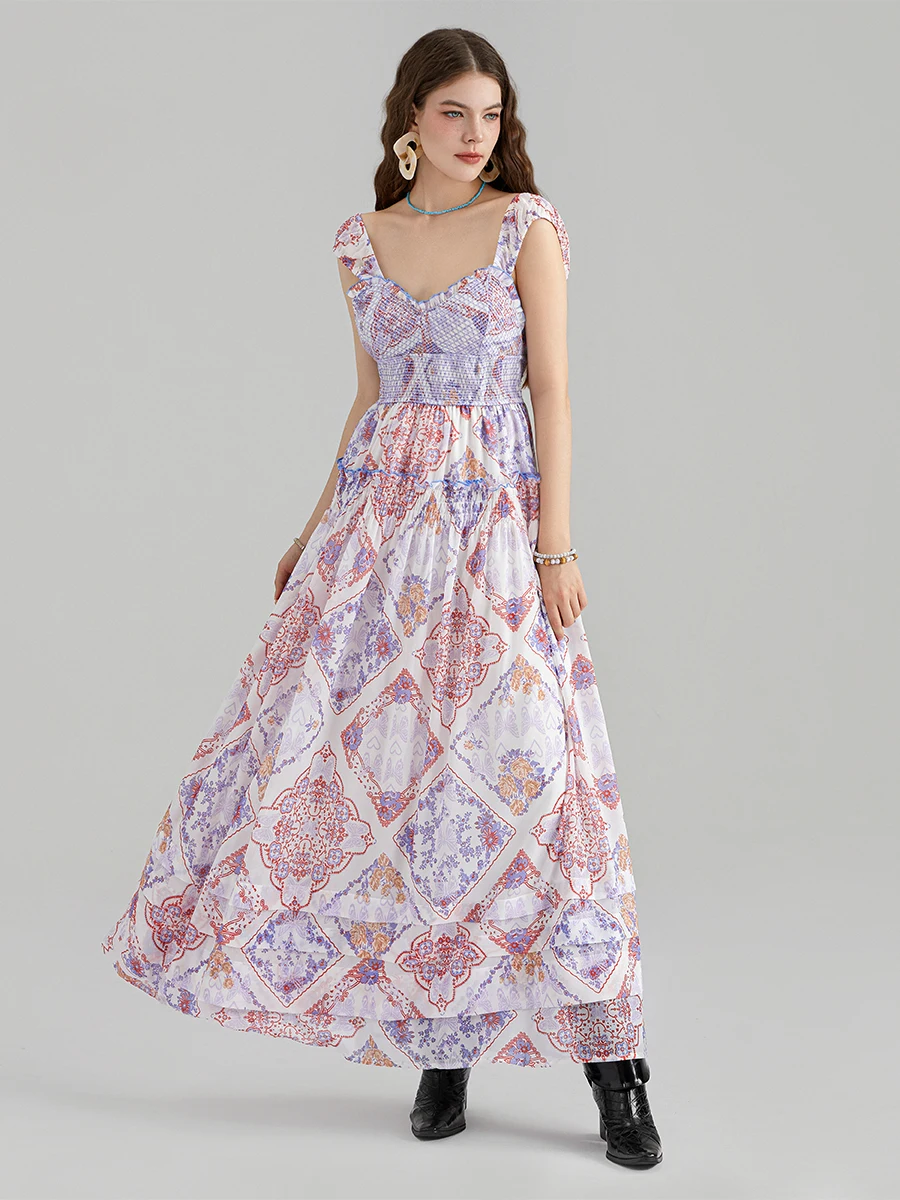 Abito lungo elegante con stampa floreale con spalle scoperte, orlo con volant e vita smockata per invitati al matrimonio o eventi estivi
