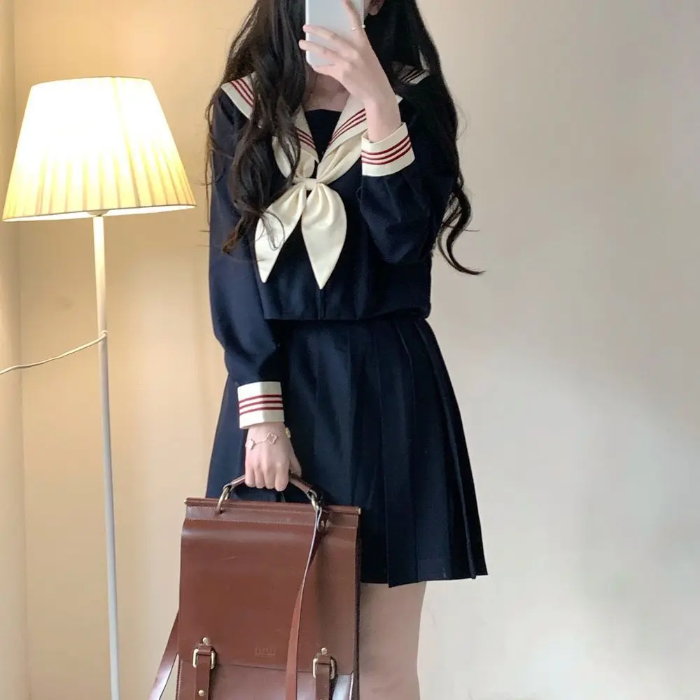 Uniforme escolar japonés para niñas, traje Jk de talla grande, corbata azul marino, Beige, tres uniformes básicos de marinero, traje de manga larga para mujeres