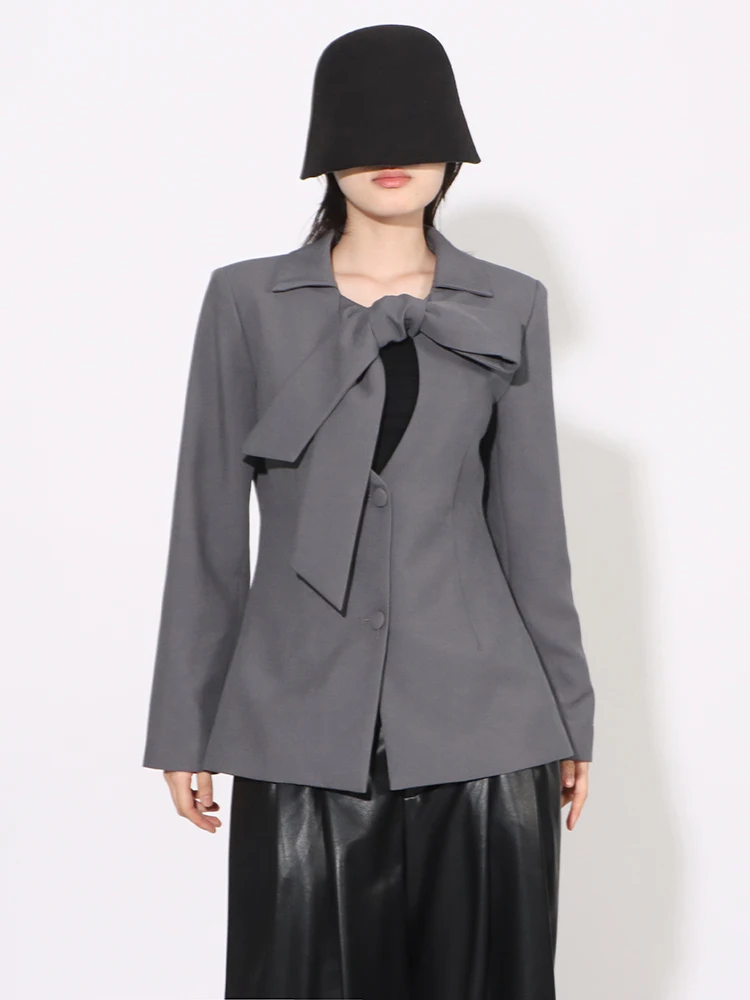 TWOTWINSTYLE Solid Patchwork Lace Up Blazer For Women V Neck Long Sleeve Tunic Spliced Button Minimalist Blazers Female Style