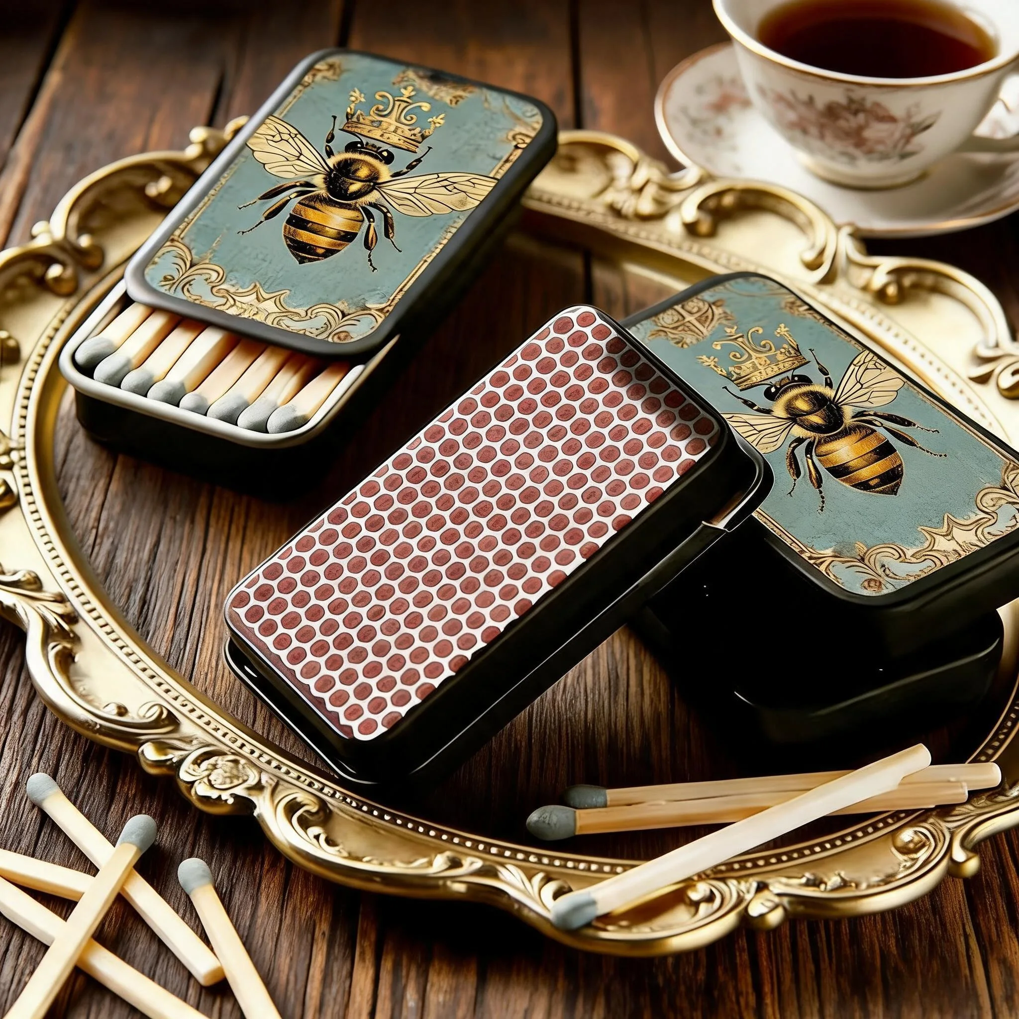Vintage Queen Bee Crown Print Sliding Lid Metal Storage Tin, Empty Box Does Not Include Matches,Ideal Birthday and Holiday Gift