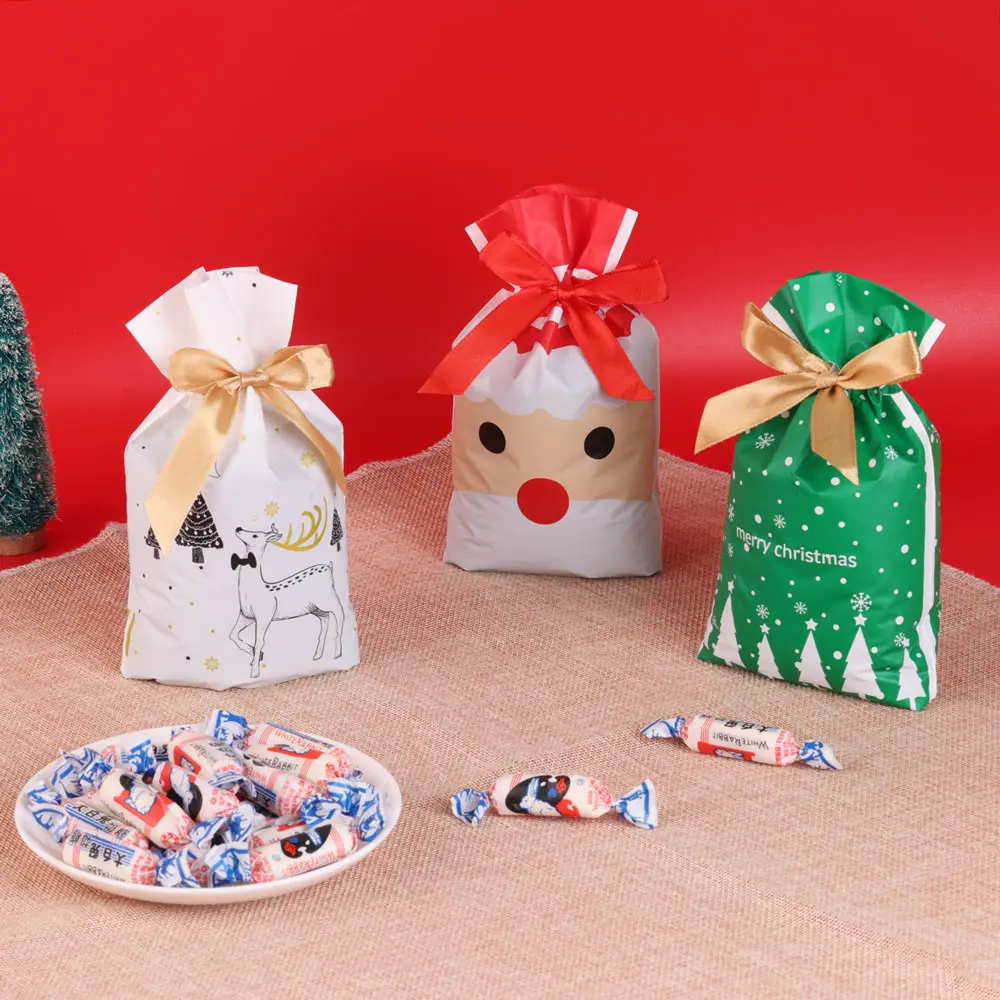 10/25pcs Heart Point Pattern Candy Packaging Bags Plastic Gifts Bag Party Wedding Christmas Bow Silk Candy Drawstring Pouches