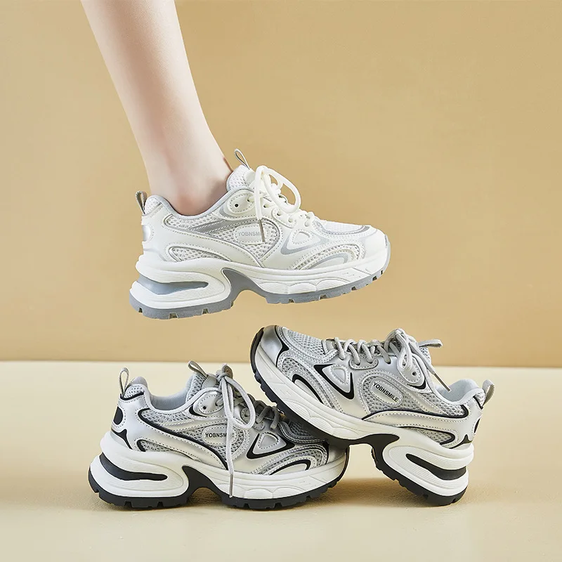 

Весенняя новая дышащая спортивная обувь с сеткой, повседневная обувь для бега, модная универсальная обувь, увеличивающая рост на толстой подошве