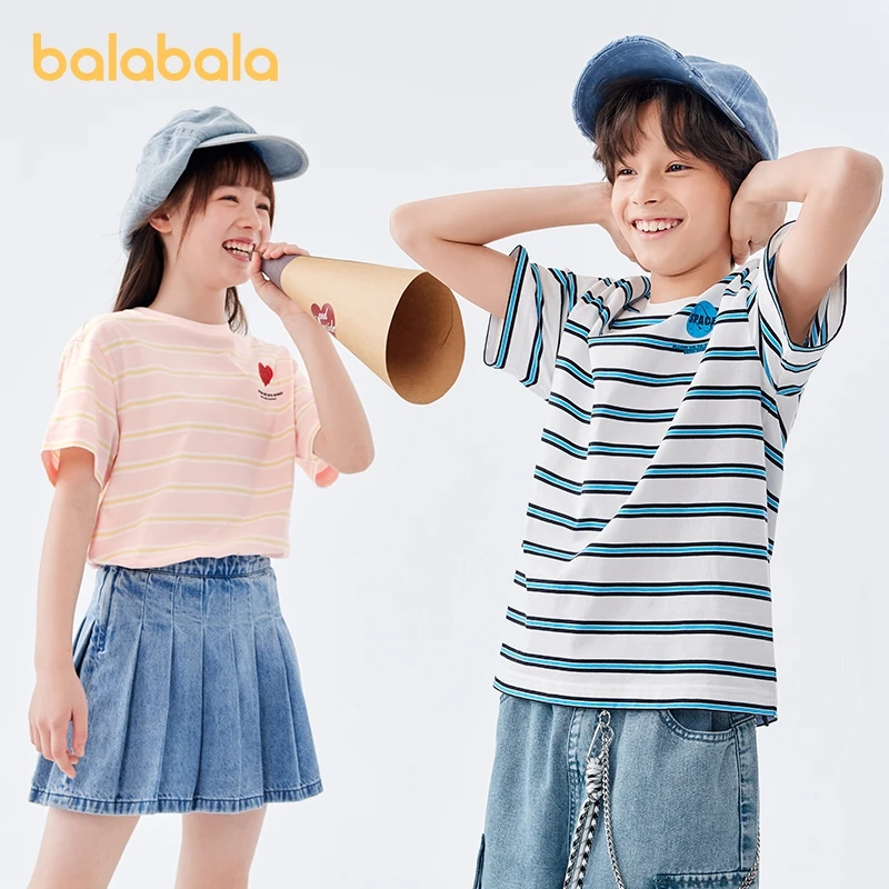 

Balabala Kids Unisex Short-Sleeved T-Shirt Summer 2023 New Style Trendy Striped Cotton T-Shirt