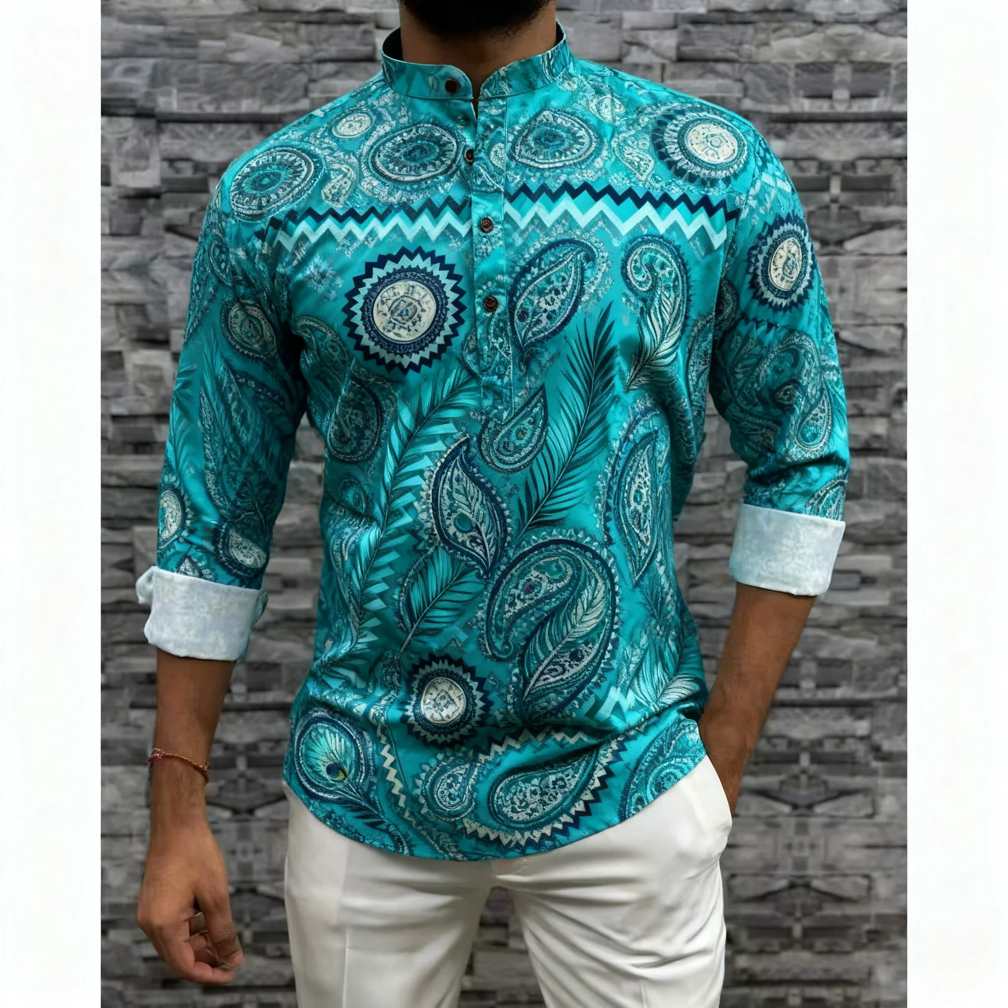 قميص مسلم قفطان دبي رداء رجالي بأكمام طويلة نمط عرقي الوقوف طوق الملابس العربية Camicia Araba Ropa Arabe De Hombre #2