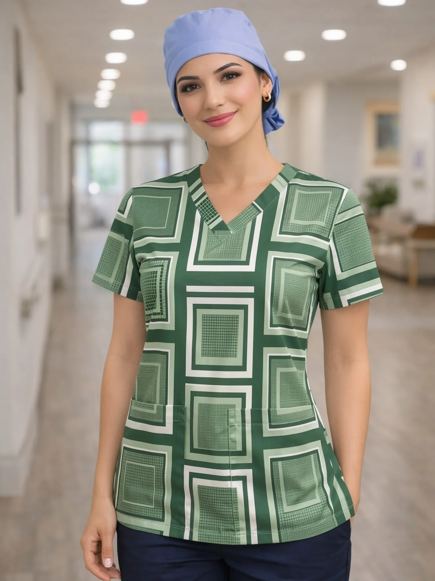 Womens Calm V Neck Scrub Top Short Sleeve Cheerful Print Easy Pockets Work Fit Medical Tunic For Nursing Shifts Clinic Duty Wear
