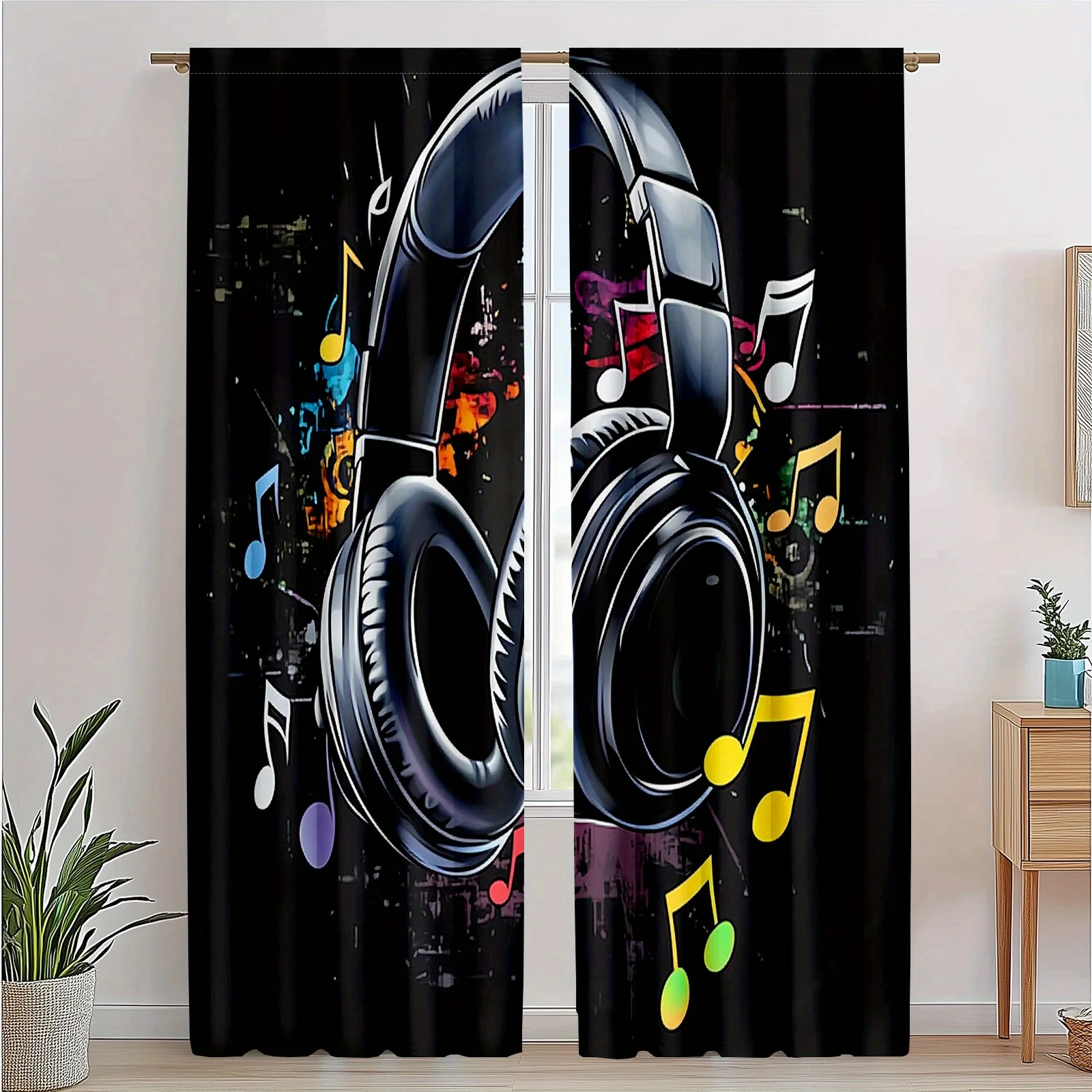 Decorative Black Curtain Music Notes Headphones Window Drapes Abstract Modern Art Home Decor Living Room Wall Hanging
