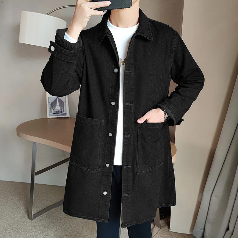 Vintage Denim Trench Coat Men Medium Long Styles Loose Tops Windbreaker Autumn Winter With Plush Thickening Overcoat Jacket WJ34