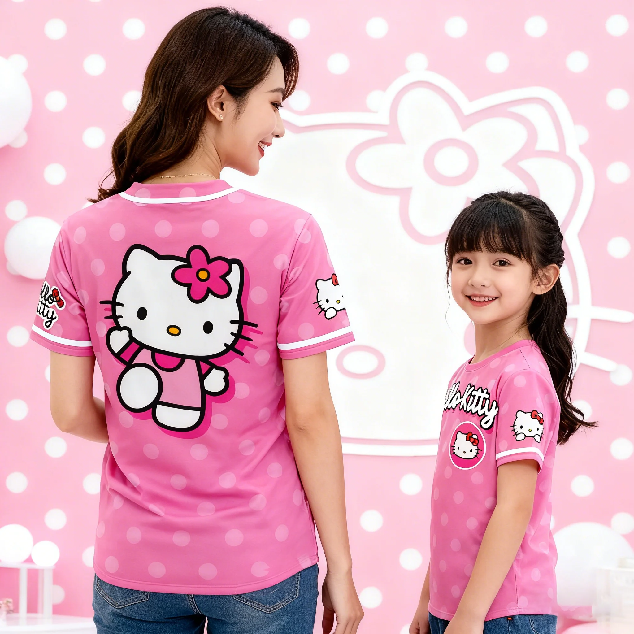 

New Summer Pink Hello Kitty Polka Dot Parent-child T-shirt, Comfortable Casual Short-sleeved Quick-dry Sports Sanrio Top