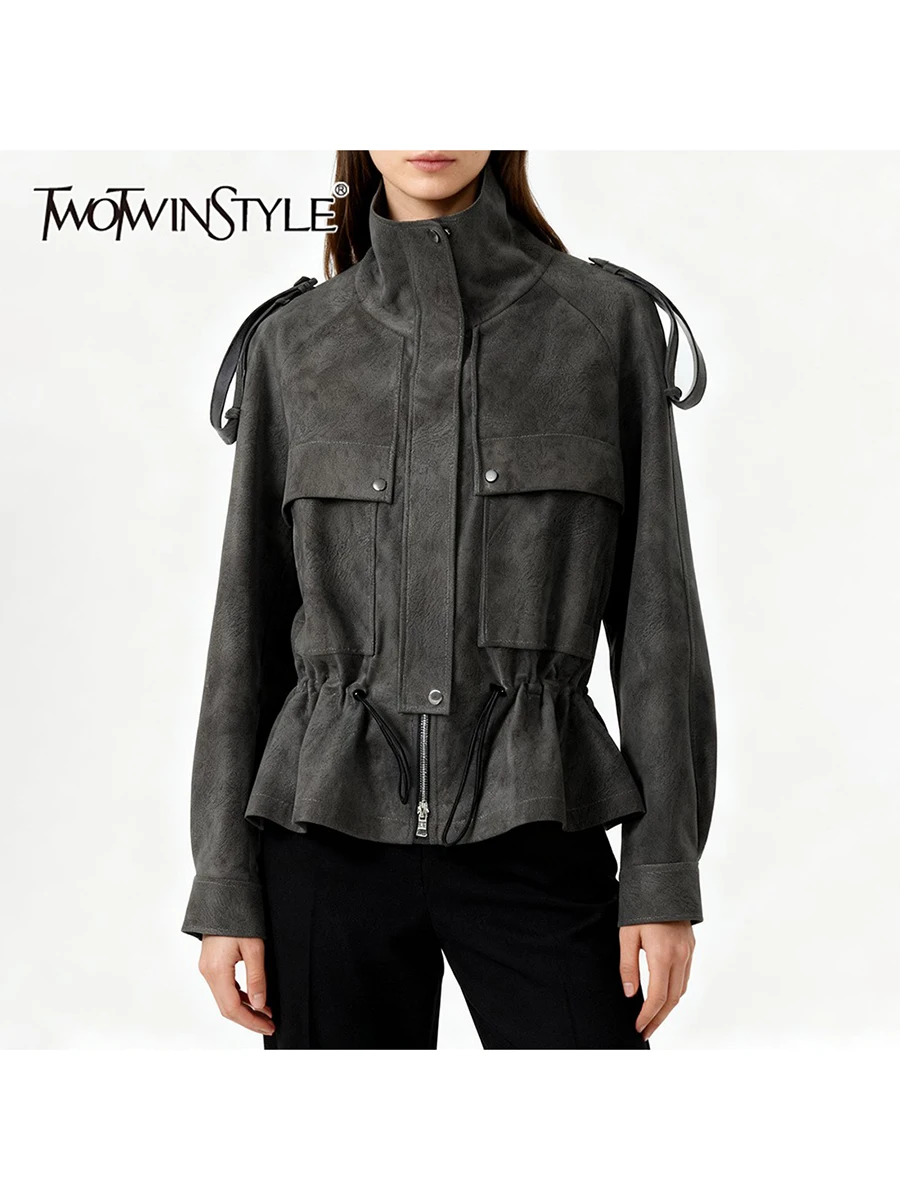 

TWOTWINSTYLE однотонные модные куртки на шнуровке для женщин, короткая куртка с высоким воротом и длинными рукавами, лоскутные карманы, женская новинка