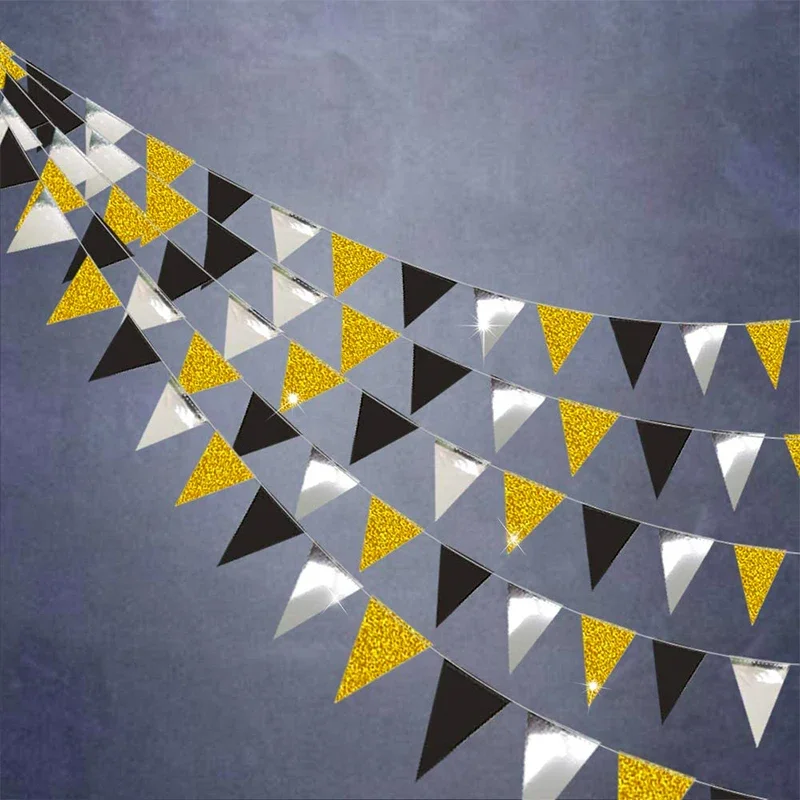 Gold schwarz Silber Neujahr Vingage Dreieck Flagge Banner Abschluss Bachelorette Party Geburtstag Weihnachten Dekoration hängende Flagge