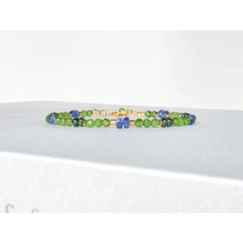 Chrome diopside, tsavorite and kyanite beaded bracelets, green and blue beaded bracelets